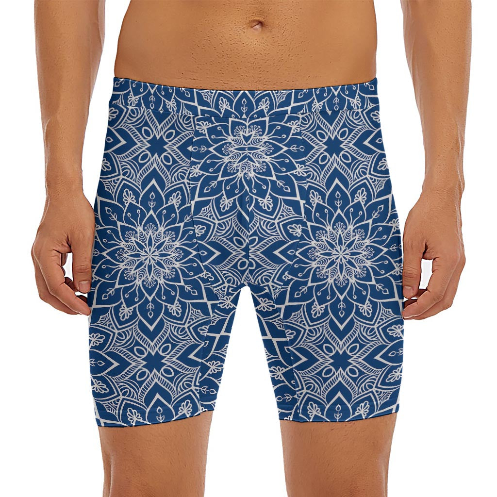 Blue And White Bohemian Mandala Print Men's Long Boxer Briefs