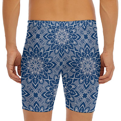 Blue And White Bohemian Mandala Print Men's Long Boxer Briefs