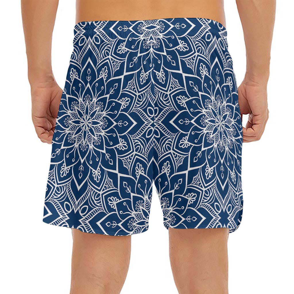 Blue And White Bohemian Mandala Print Men's Split Running Shorts