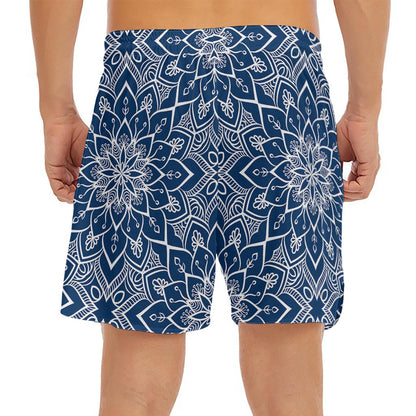 Blue And White Bohemian Mandala Print Men's Split Running Shorts