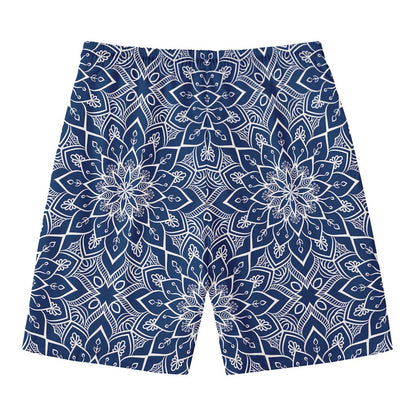Blue And White Bohemian Mandala Print Men's Swim Trunks