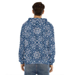 Blue And White Bohemian Mandala Print Men's Velvet Pullover Hoodie