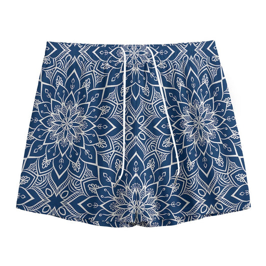 Blue And White Bohemian Mandala Print Mesh Shorts