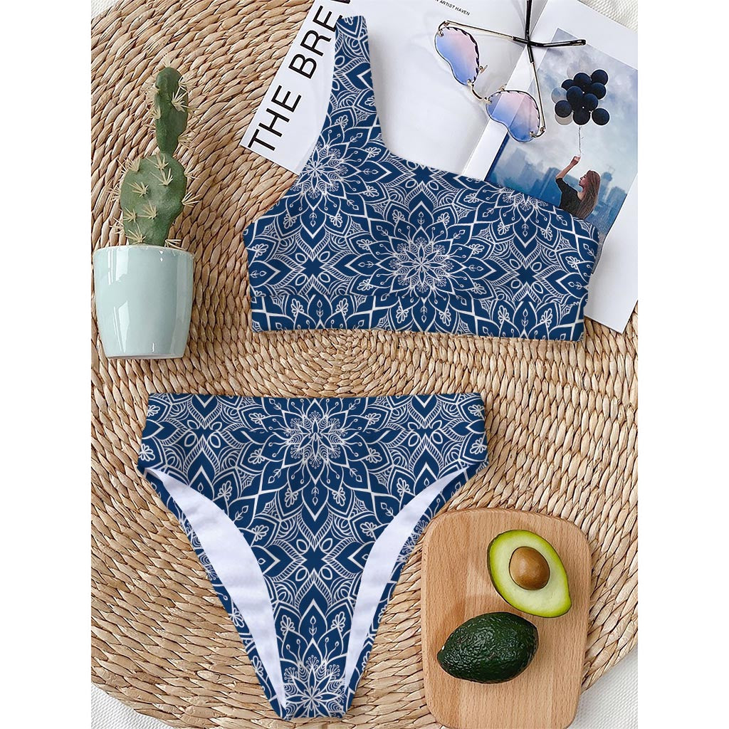 Blue And White Bohemian Mandala Print One Shoulder Bikini Top