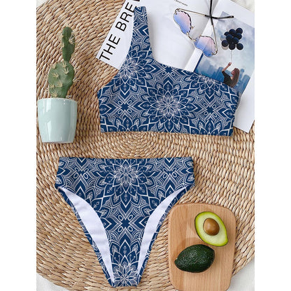 Blue And White Bohemian Mandala Print One Shoulder Bikini Top
