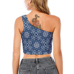 Blue And White Bohemian Mandala Print One Shoulder Crop Top