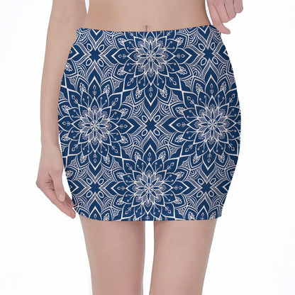 Blue And White Bohemian Mandala Print Pencil Mini Skirt