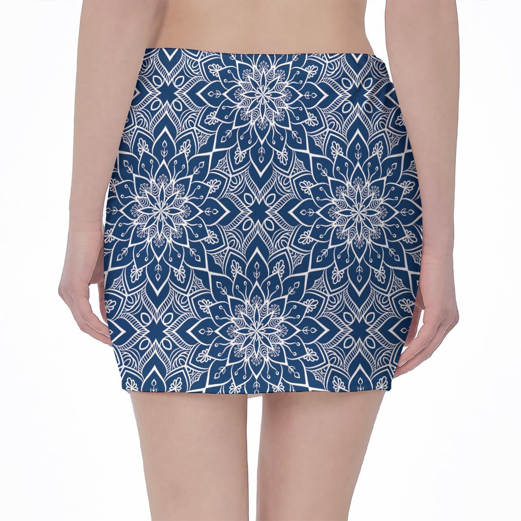 Blue And White Bohemian Mandala Print Pencil Mini Skirt
