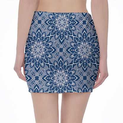 Blue And White Bohemian Mandala Print Pencil Mini Skirt