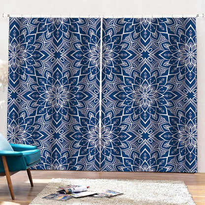 Blue And White Bohemian Mandala Print Pencil Pleat Curtains