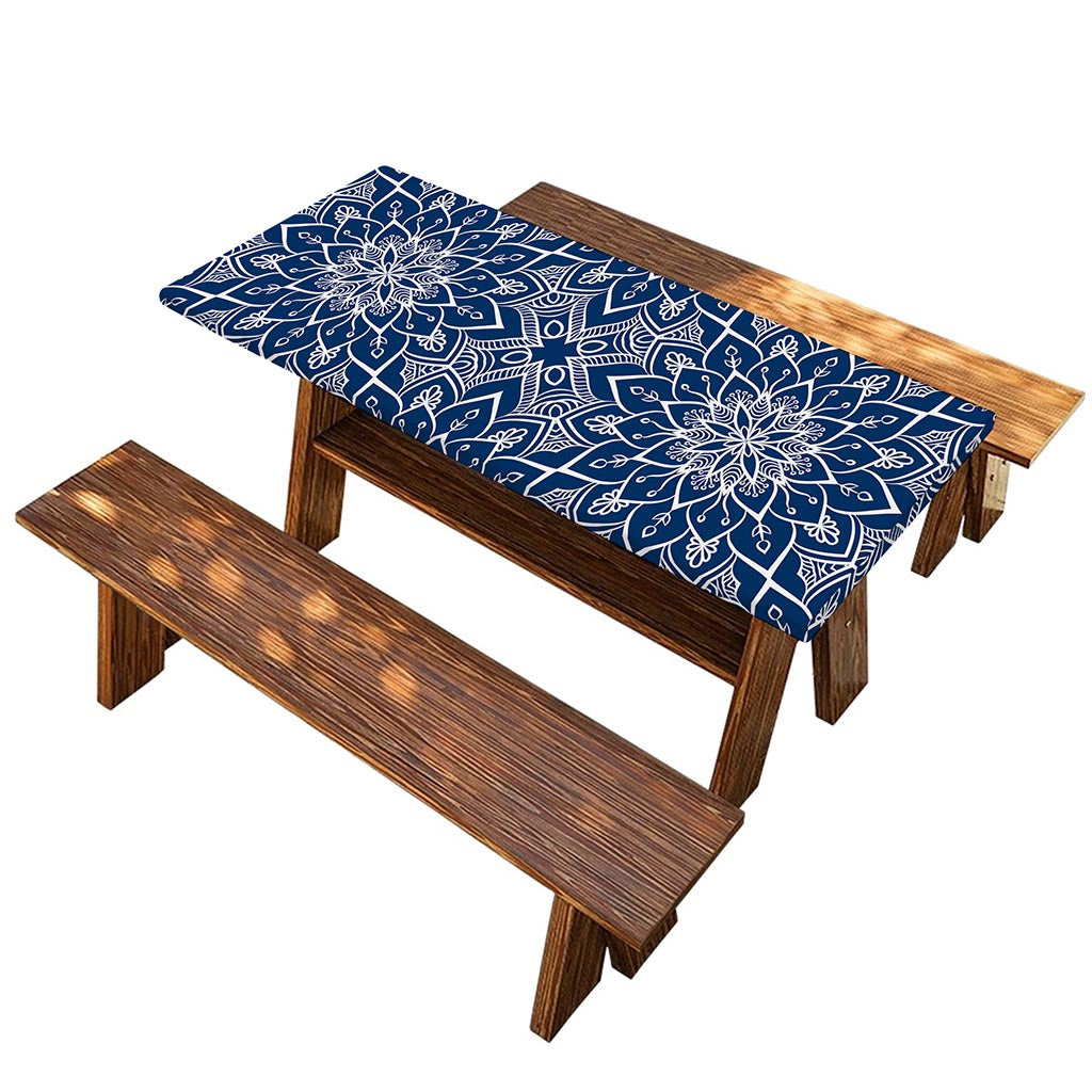 Blue And White Bohemian Mandala Print Picnic Table Cover