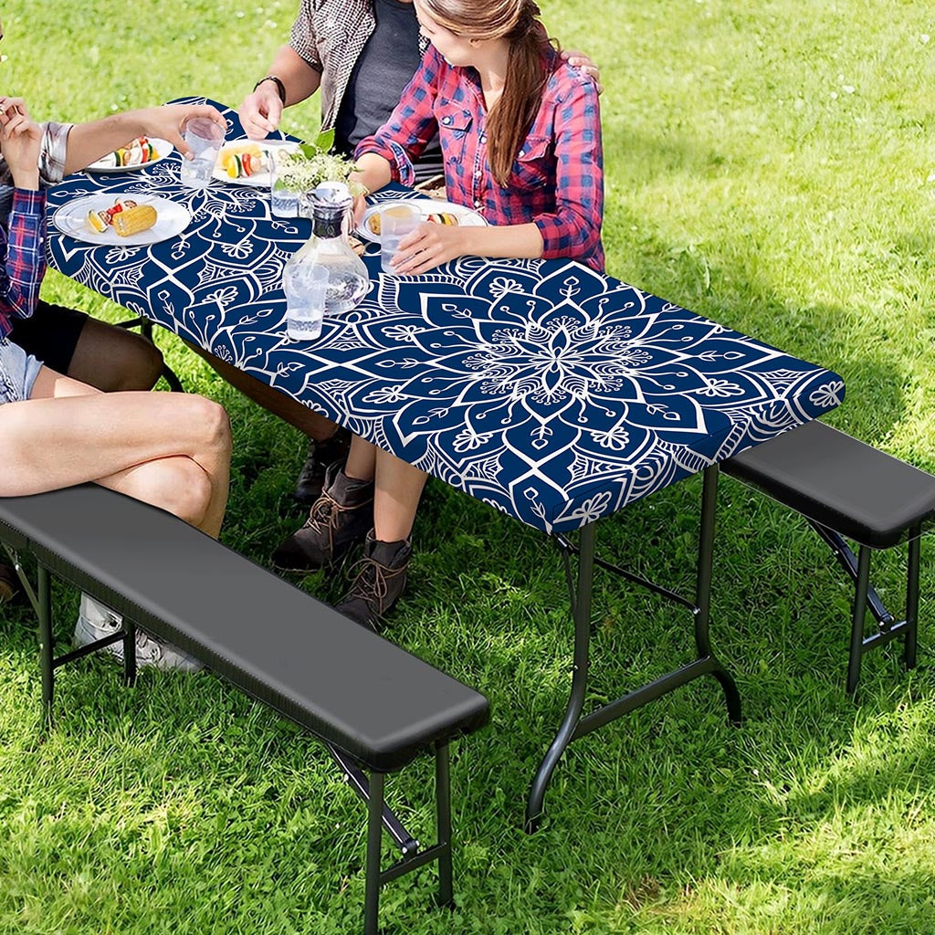 Blue And White Bohemian Mandala Print Picnic Table Cover