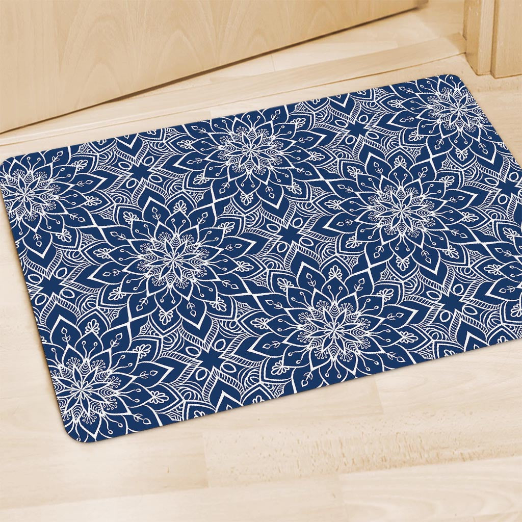 Blue And White Bohemian Mandala Print Polyester Doormat