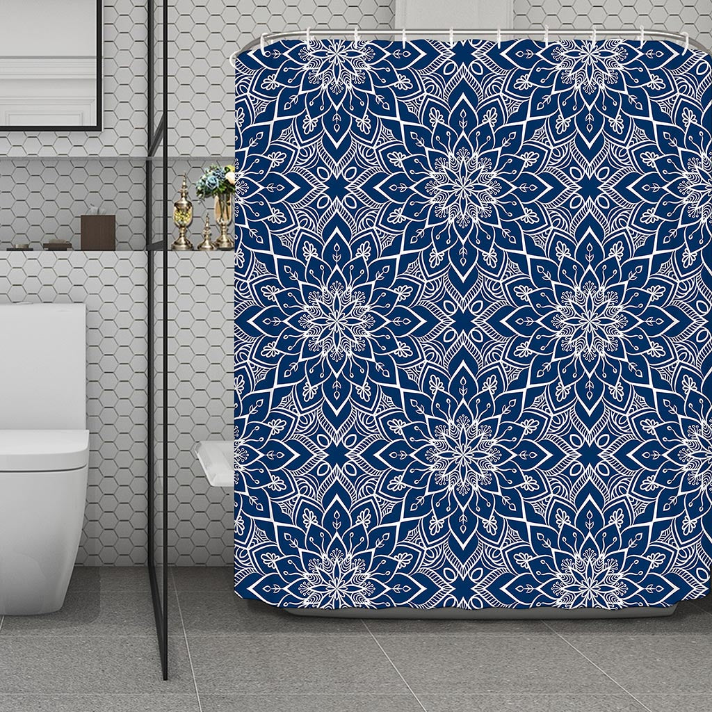 Blue And White Bohemian Mandala Print Polyester Shower Curtain