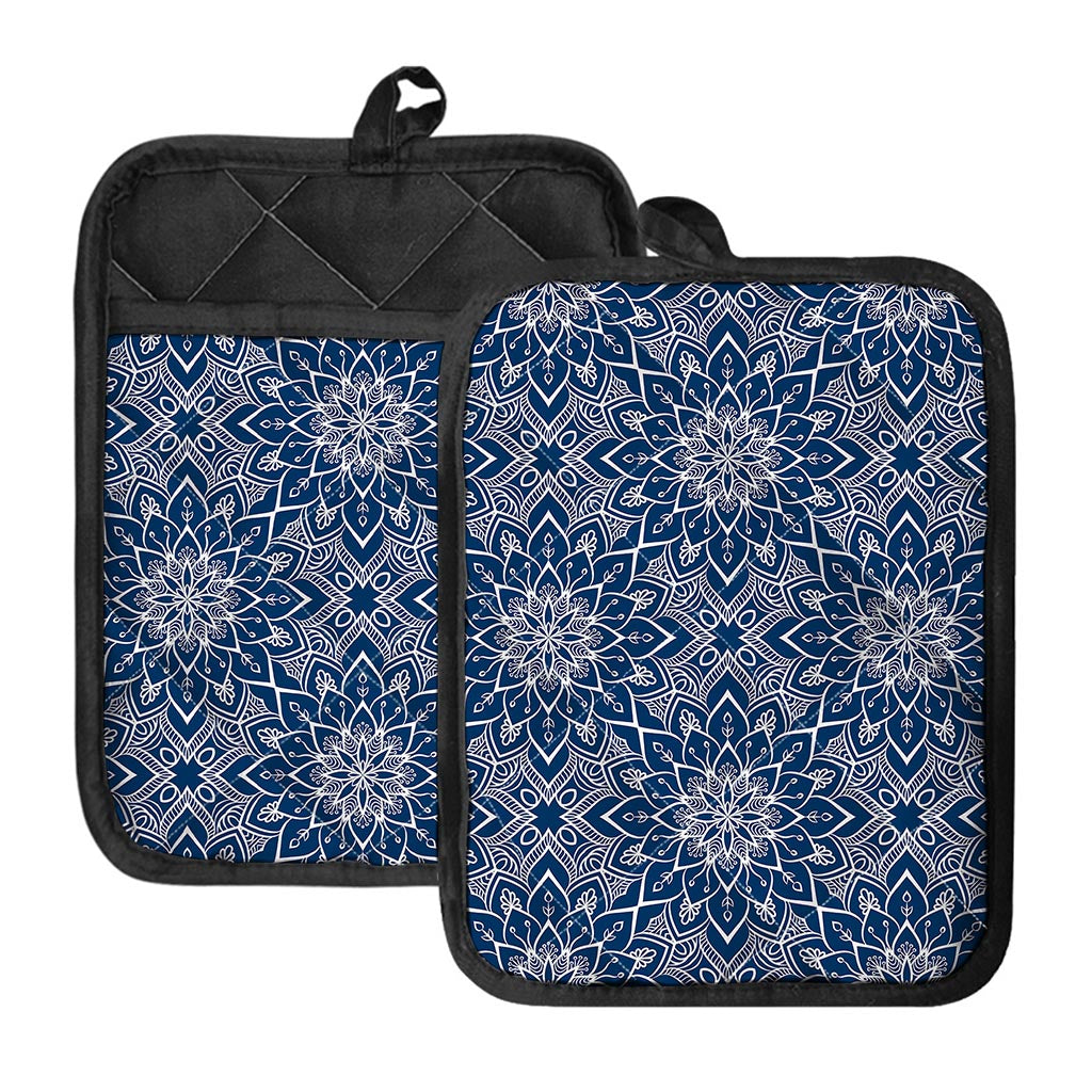 Blue And White Bohemian Mandala Print Pot Holders With Pocket