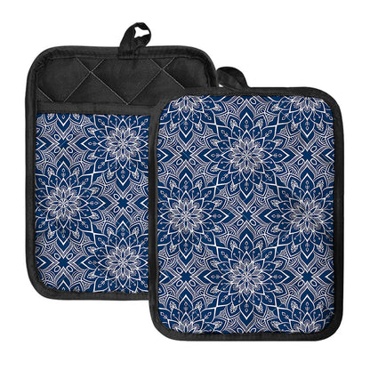 Blue And White Bohemian Mandala Print Pot Holders With Pocket