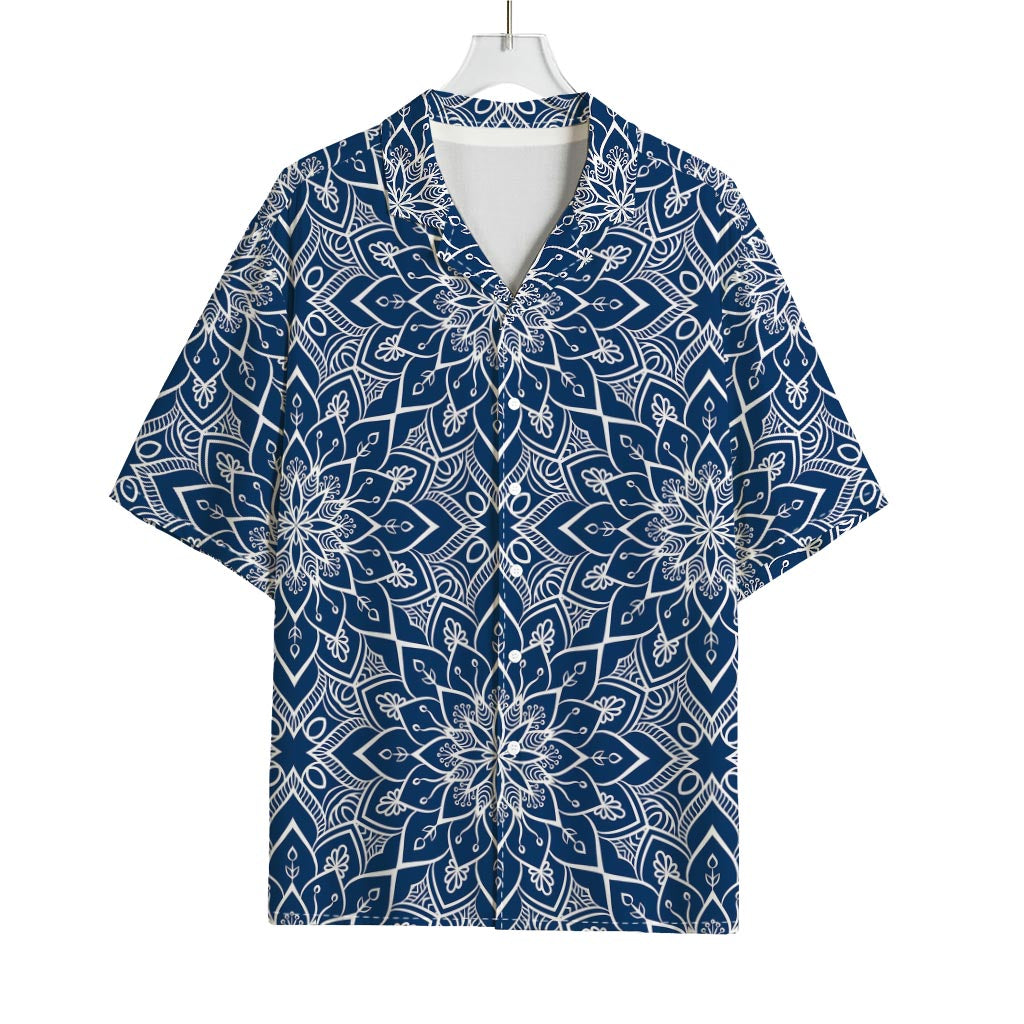 Blue And White Bohemian Mandala Print Rayon Hawaiian Shirt