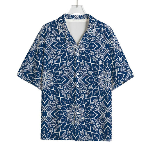Blue And White Bohemian Mandala Print Rayon Hawaiian Shirt