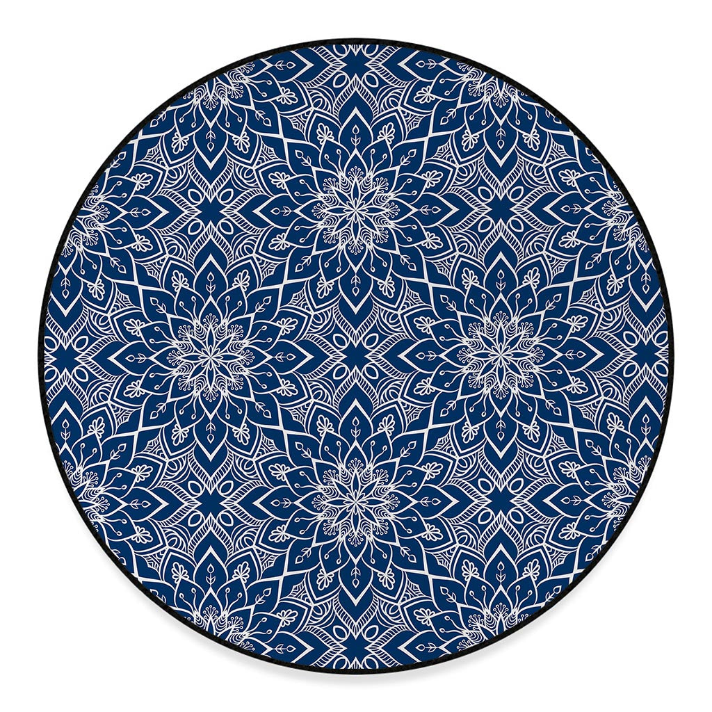 Blue And White Bohemian Mandala Print Round Floor Mat
