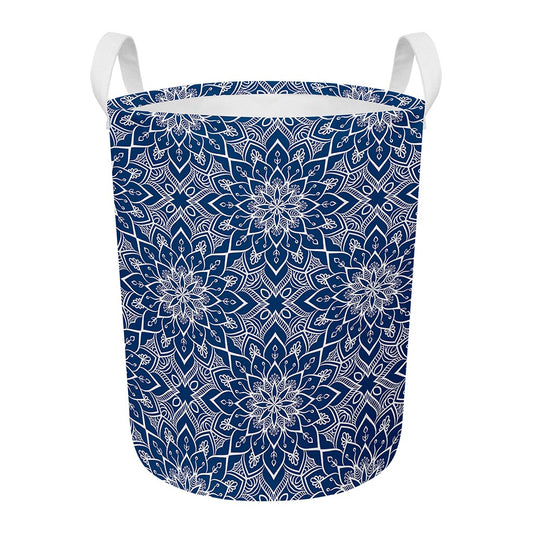 Blue And White Bohemian Mandala Print Round Laundry Basket