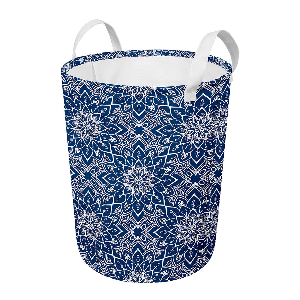 Blue And White Bohemian Mandala Print Round Laundry Basket