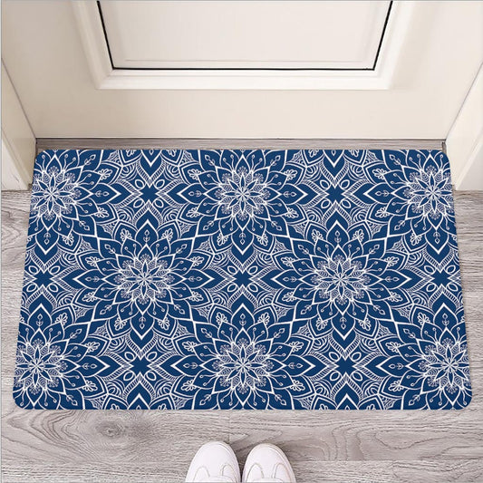 Blue And White Bohemian Mandala Print Rubber Doormat