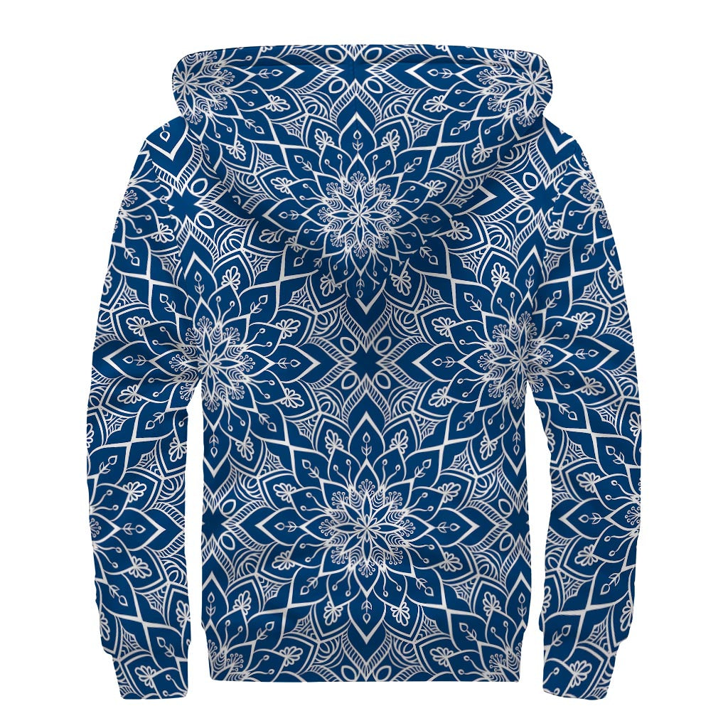 Blue And White Bohemian Mandala Print Sherpa Lined Zip Up Hoodie