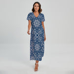 Blue And White Bohemian Mandala Print Short Sleeve Maxi Dress