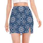 Blue And White Bohemian Mandala Print Side Slit Mini Skirt