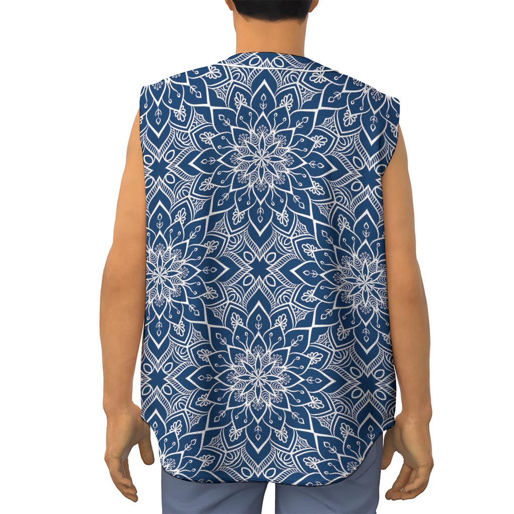 Blue And White Bohemian Mandala Print Sleeveless Baseball Jersey