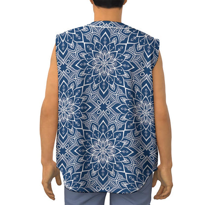 Blue And White Bohemian Mandala Print Sleeveless Baseball Jersey