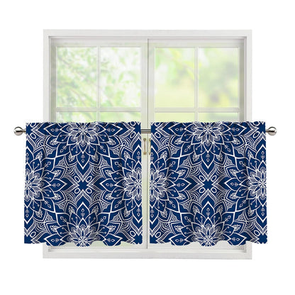 Blue And White Bohemian Mandala Print Tier Curtains