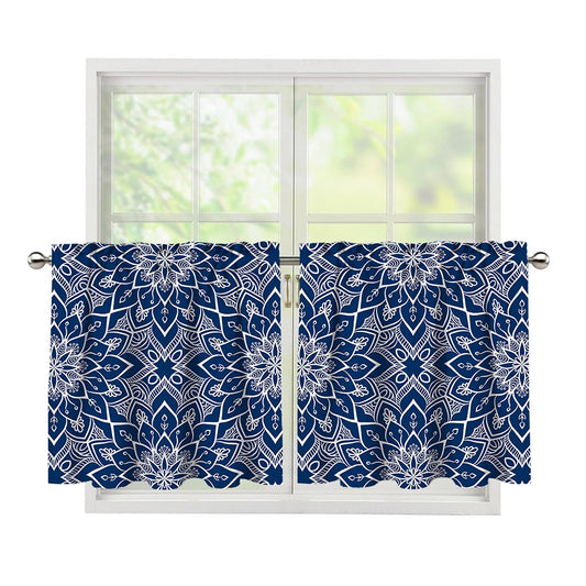Blue And White Bohemian Mandala Print Tier Curtains