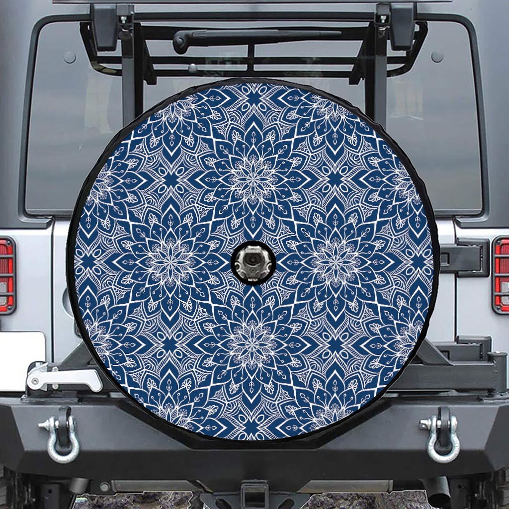 Blue And White Bohemian Mandala Print Tire Cover With Camera Hole