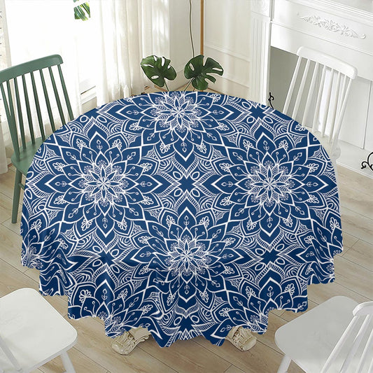Blue And White Bohemian Mandala Print Waterproof Round Tablecloth