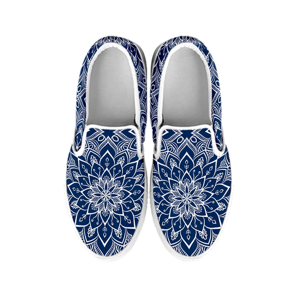 Blue And White Bohemian Mandala Print White Slip On Sneakers