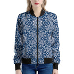 Blue And White Bohemian Mandala Print Women's Bomber Jacket