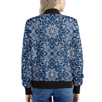 Blue And White Bohemian Mandala Print Women's Bomber Jacket