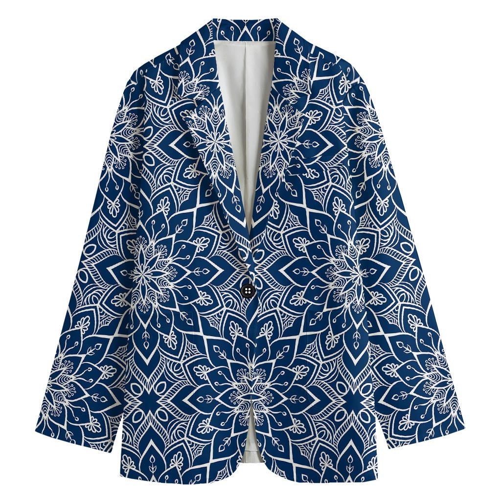 Blue And White Bohemian Mandala Print Women's Cotton Blazer