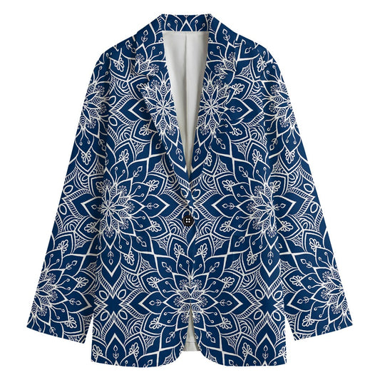 Blue And White Bohemian Mandala Print Women's Cotton Blazer