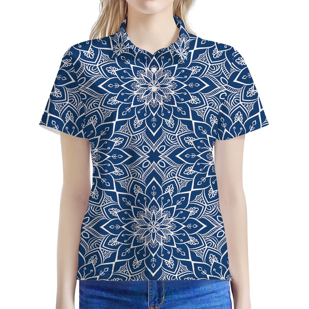 Blue And White Bohemian Mandala Print Women's Polo Shirt