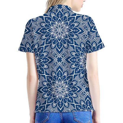 Blue And White Bohemian Mandala Print Women's Polo Shirt
