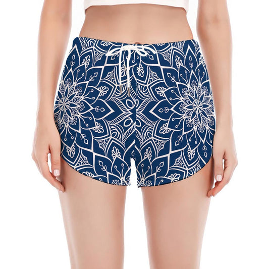 Blue And White Bohemian Mandala Print Women's Split Running Shorts