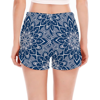 Blue And White Bohemian Mandala Print Women's Split Running Shorts