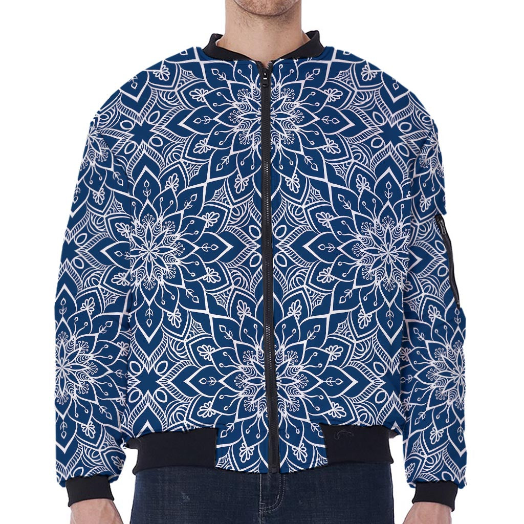 Blue And White Bohemian Mandala Print Zip Sleeve Bomber Jacket