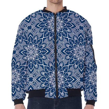 Blue And White Bohemian Mandala Print Zip Sleeve Bomber Jacket