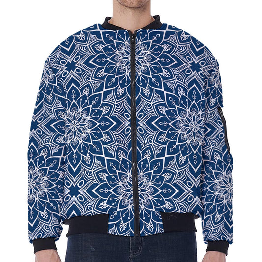 Blue And White Bohemian Mandala Print Zip Sleeve Bomber Jacket