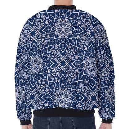 Blue And White Bohemian Mandala Print Zip Sleeve Bomber Jacket