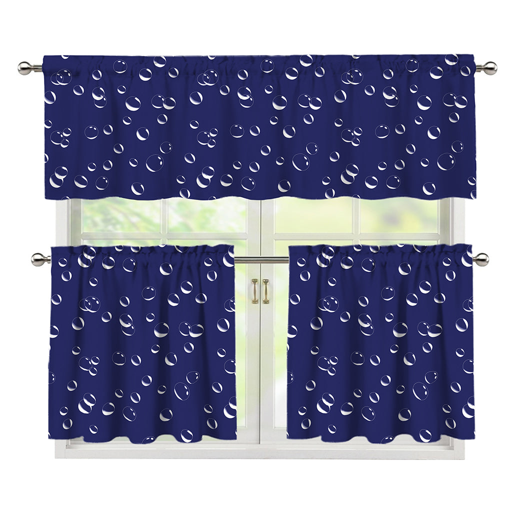 Blue And White Bubble Pattern Print 3 Piece Kitchen Curtains