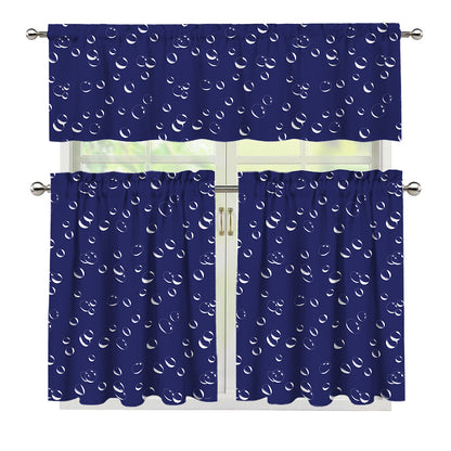 Blue And White Bubble Pattern Print 3 Piece Kitchen Curtains